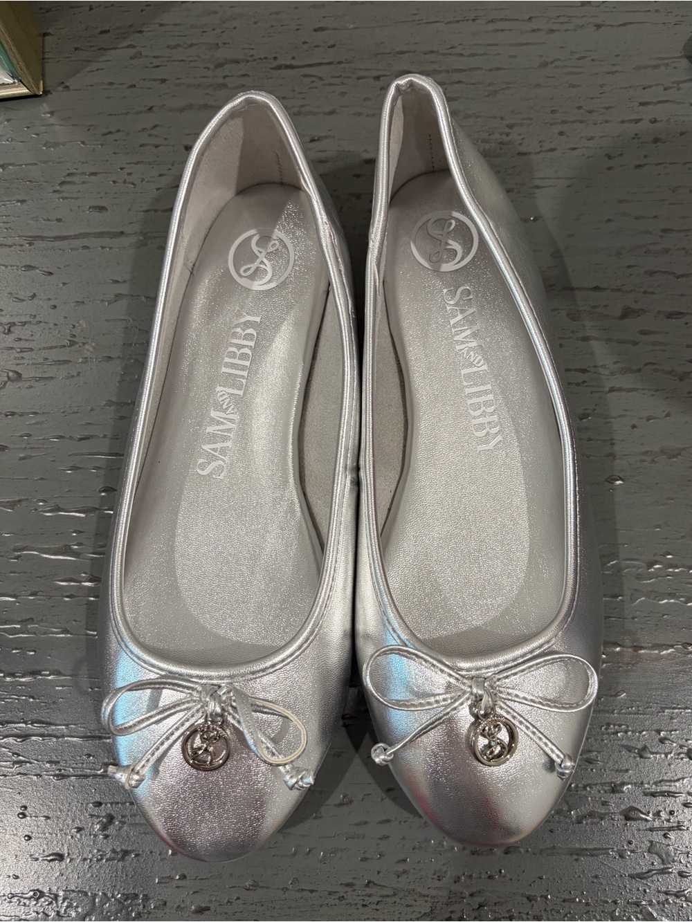 Sam & Libby Silver Shimmery Ballet Flats with Bow & Charm